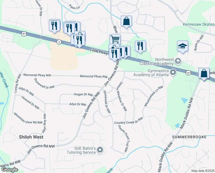 map of restaurants, bars, coffee shops, grocery stores, and more near 3351 Owens Meadow Run Northwest in Kennesaw