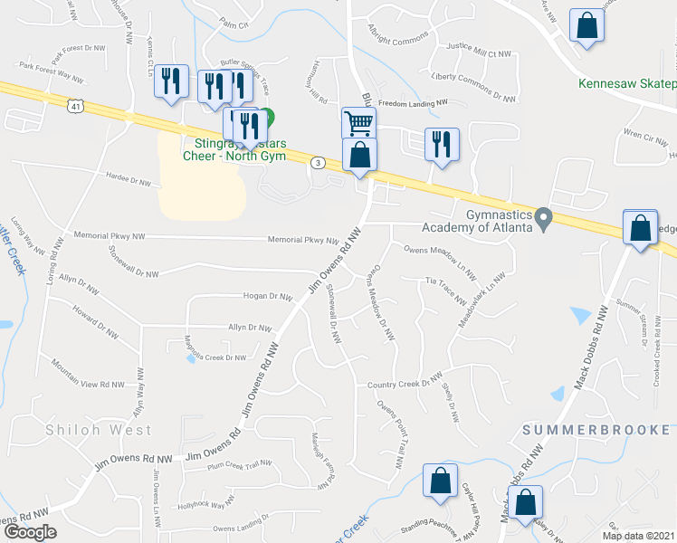 map of restaurants, bars, coffee shops, grocery stores, and more near 3351 Owens Meadow Run NW in Kennesaw