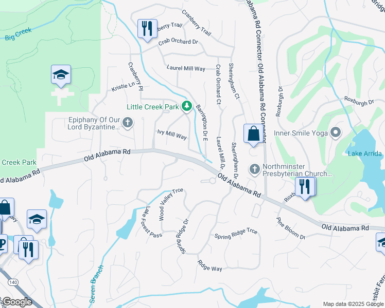 map of restaurants, bars, coffee shops, grocery stores, and more near 640 Barrington Way in Roswell