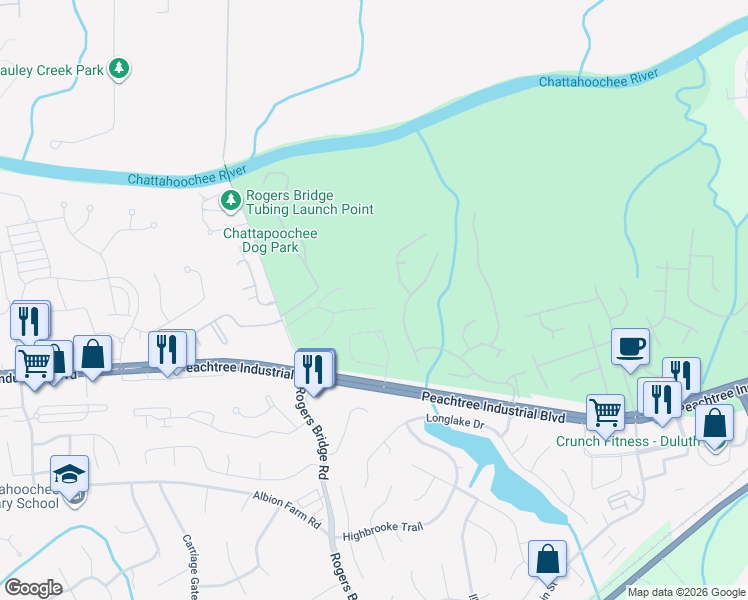 map of restaurants, bars, coffee shops, grocery stores, and more near 4035 Spring Cove Drive in Duluth