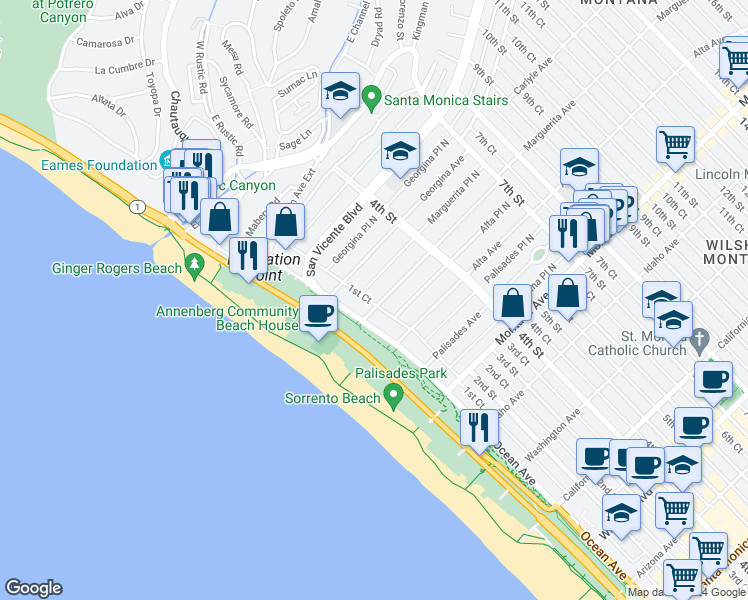 map of restaurants, bars, coffee shops, grocery stores, and more near 129 Marguerita Avenue in Santa Monica