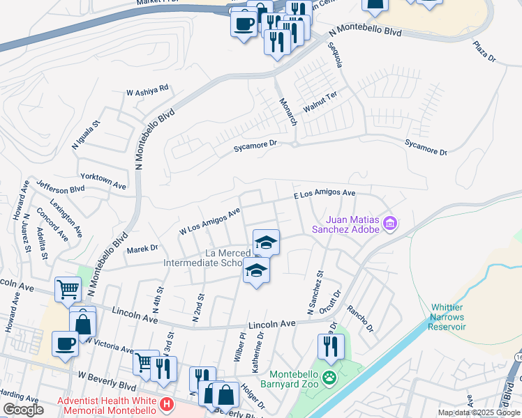 map of restaurants, bars, coffee shops, grocery stores, and more near 221 East Los Amigos Avenue in Montebello