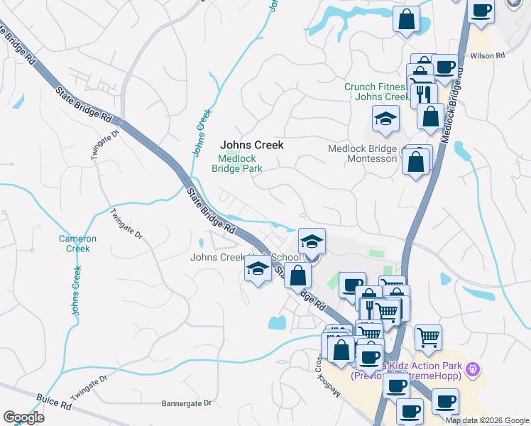 map of restaurants, bars, coffee shops, grocery stores, and more near 505 Aston Hall Way in Alpharetta