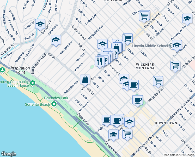map of restaurants, bars, coffee shops, grocery stores, and more near 814 6th Street in Santa Monica