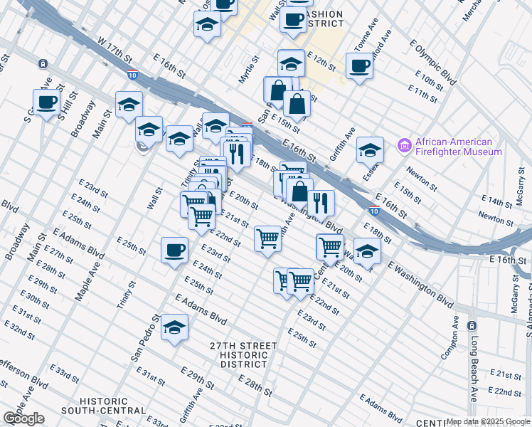 map of restaurants, bars, coffee shops, grocery stores, and more near 938 1/2 East 20th Street in Los Angeles