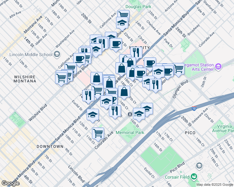 map of restaurants, bars, coffee shops, grocery stores, and more near 1427 17th Street in Santa Monica