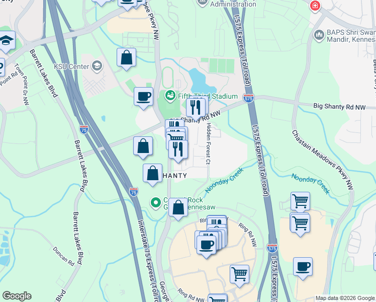 map of restaurants, bars, coffee shops, grocery stores, and more near 3039 Hidden Forest Court in Marietta