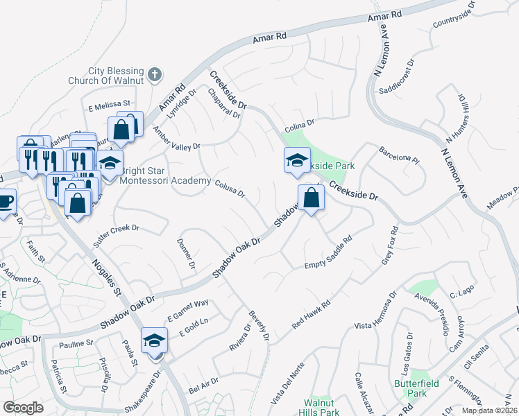 map of restaurants, bars, coffee shops, grocery stores, and more near 19200 Kamlyn Lane in Walnut