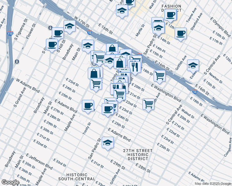 map of restaurants, bars, coffee shops, grocery stores, and more near 2115 Adair Street in Los Angeles