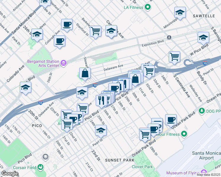 map of restaurants, bars, coffee shops, grocery stores, and more near 2904 Kansas Avenue in Santa Monica