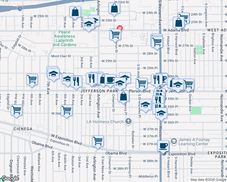 map of restaurants, bars, coffee shops, grocery stores, and more near Cimarron Street in Los Angeles