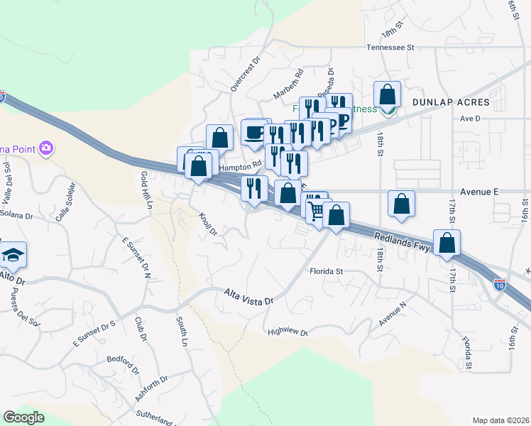 map of restaurants, bars, coffee shops, grocery stores, and more near 31401 Outer Highway 10 South in Yucaipa