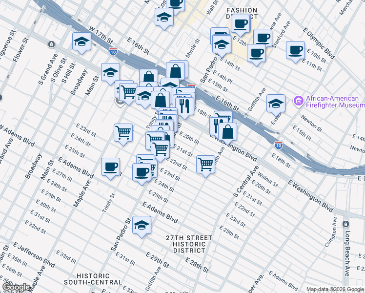 map of restaurants, bars, coffee shops, grocery stores, and more near 805 East 21st Street in Los Angeles