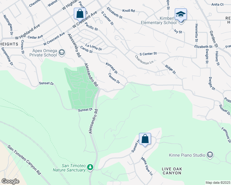 map of restaurants, bars, coffee shops, grocery stores, and more near 1037 West Sunset Drive in Redlands