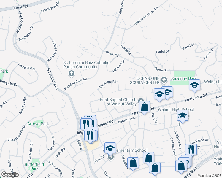 map of restaurants, bars, coffee shops, grocery stores, and more near 701 Deer Skin Lane in Walnut