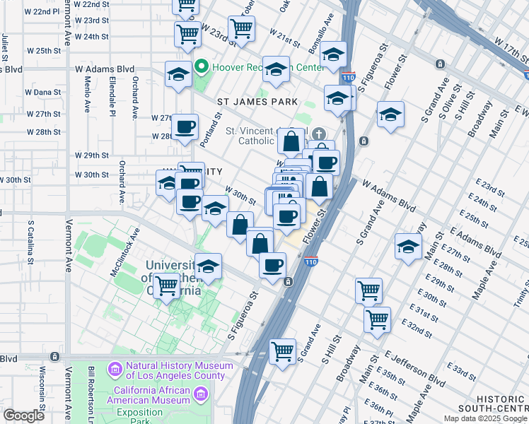 map of restaurants, bars, coffee shops, grocery stores, and more near 649-655 3/4 West 30th Street in Los Angeles
