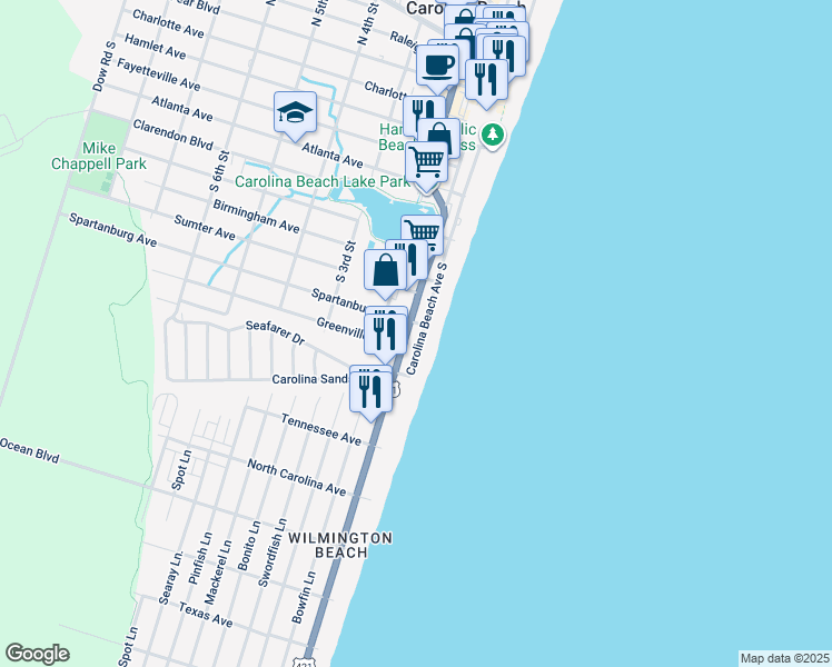 map of restaurants, bars, coffee shops, grocery stores, and more near 901 Lake Park Boulevard South in Carolina Beach