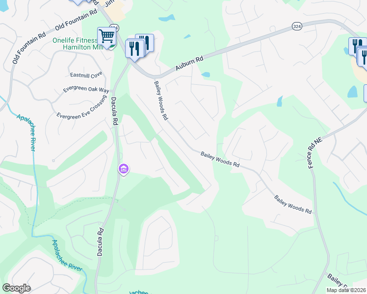 map of restaurants, bars, coffee shops, grocery stores, and more near 910 Harbins View Drive in Dacula