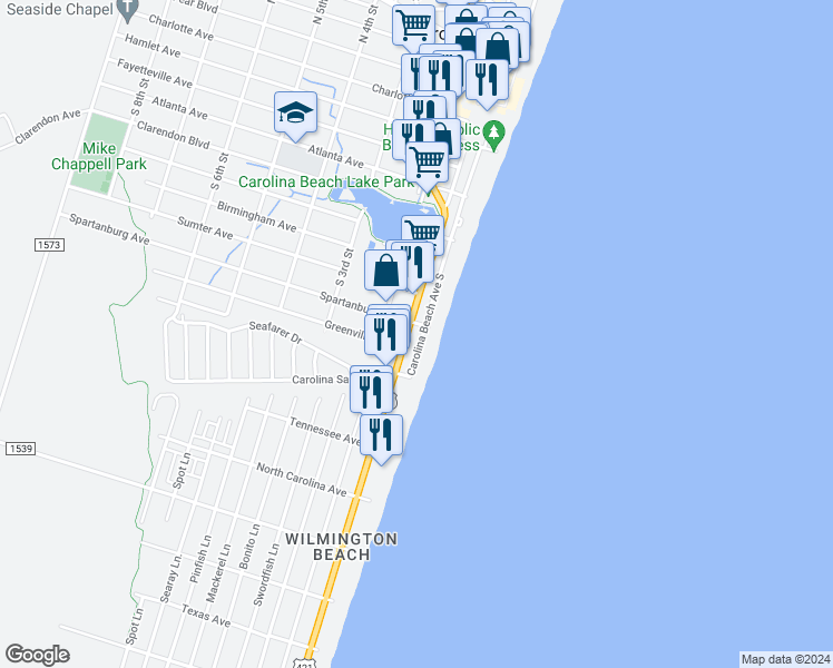 map of restaurants, bars, coffee shops, grocery stores, and more near 901 South Lake Park Boulevard in Carolina Beach