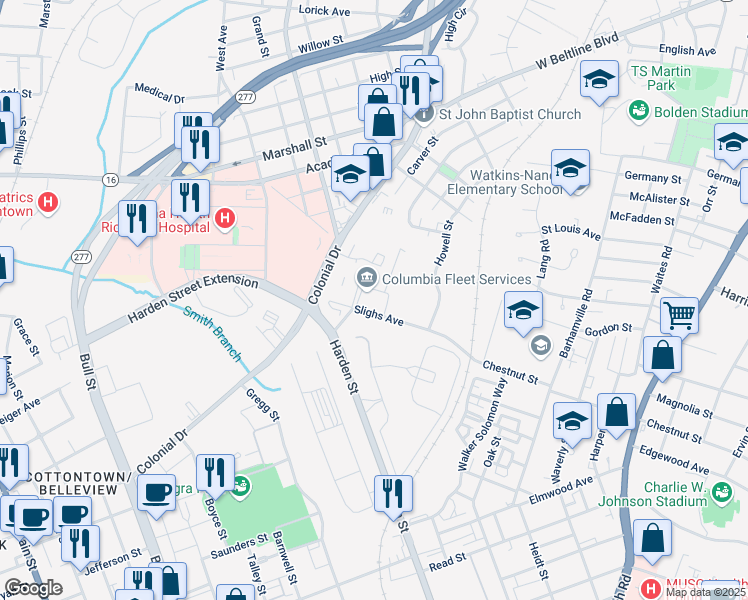 map of restaurants, bars, coffee shops, grocery stores, and more near 2910 Colonial Drive in Columbia