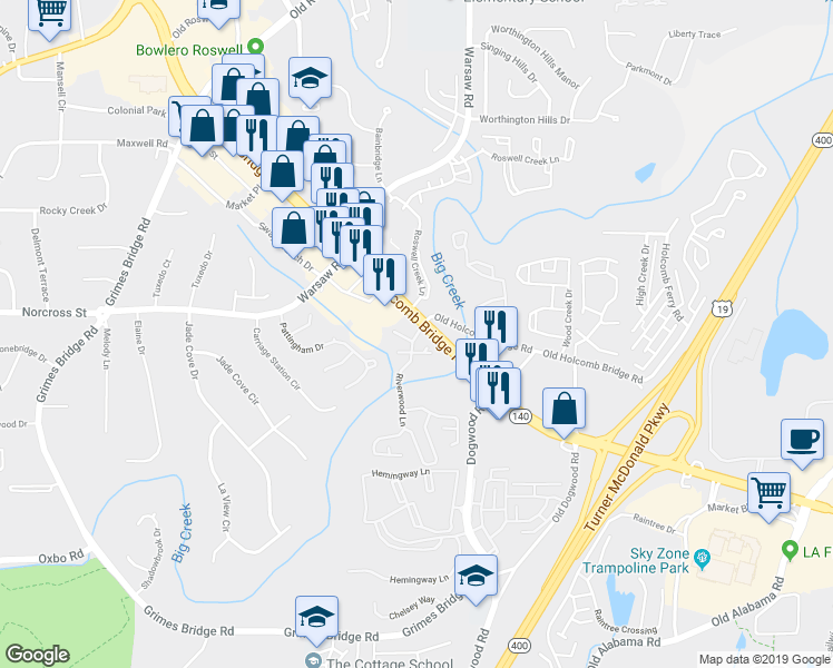 map of restaurants, bars, coffee shops, grocery stores, and more near 316 Riverwood Lane in Roswell