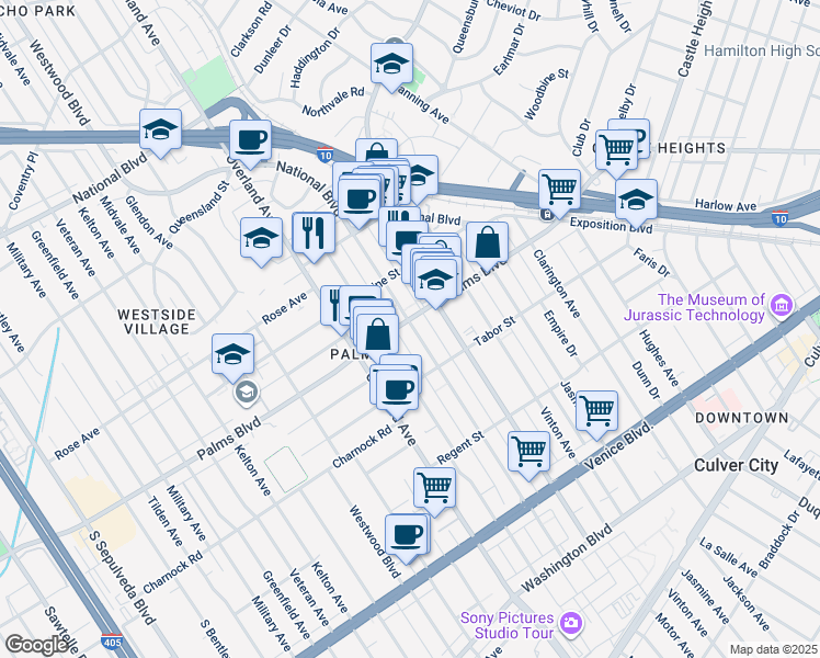map of restaurants, bars, coffee shops, grocery stores, and more near 10509 Palms Boulevard in Los Angeles