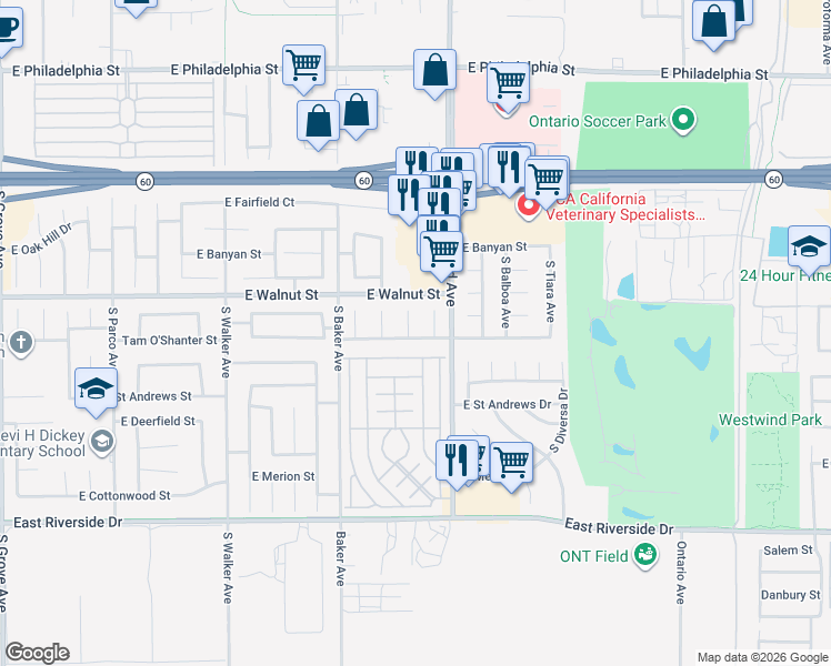map of restaurants, bars, coffee shops, grocery stores, and more near 2641 South Sacramento Place in Ontario
