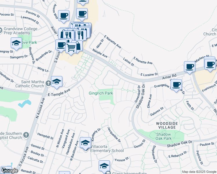 map of restaurants, bars, coffee shops, grocery stores, and more near 2636 Altamira Drive in West Covina