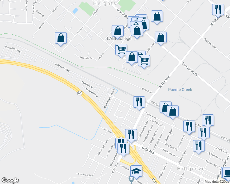 map of restaurants, bars, coffee shops, grocery stores, and more near 901 South 6th Avenue in Hacienda Heights
