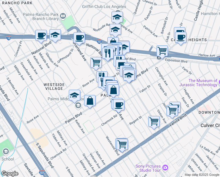 map of restaurants, bars, coffee shops, grocery stores, and more near 3439 Keystone Avenue in Los Angeles