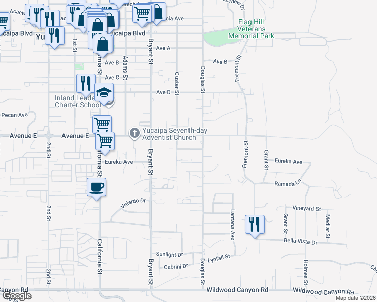 map of restaurants, bars, coffee shops, grocery stores, and more near 35437 Avenue E in Yucaipa