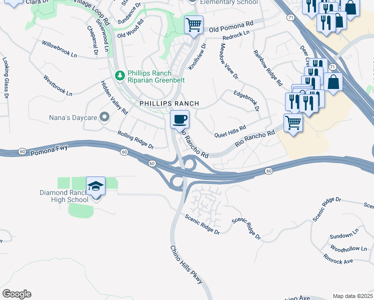 map of restaurants, bars, coffee shops, grocery stores, and more near 5 Turnberry Lane in Pomona