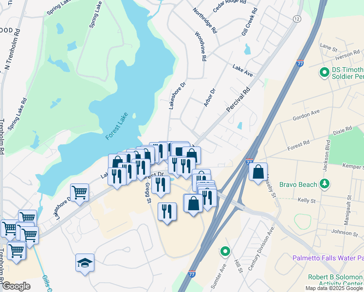 map of restaurants, bars, coffee shops, grocery stores, and more near 5516 Lakeshore Drive in Columbia