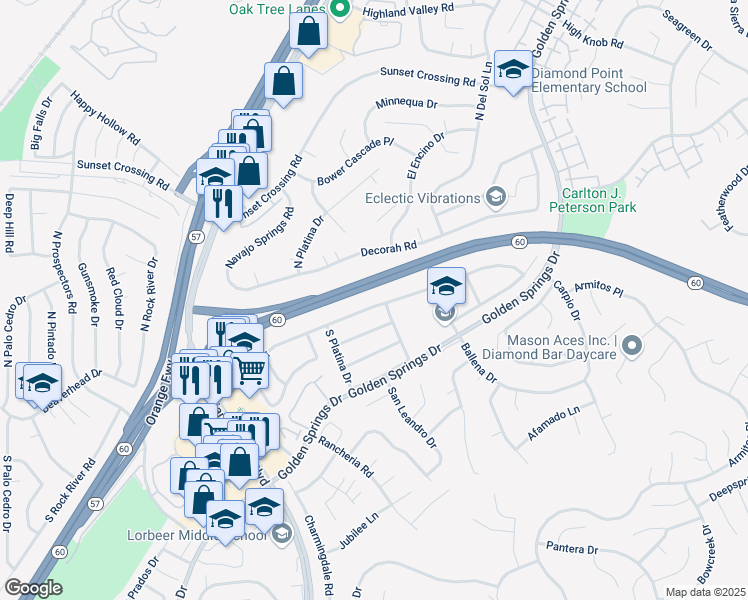 map of restaurants, bars, coffee shops, grocery stores, and more near 23827 Palomino Drive in Diamond Bar