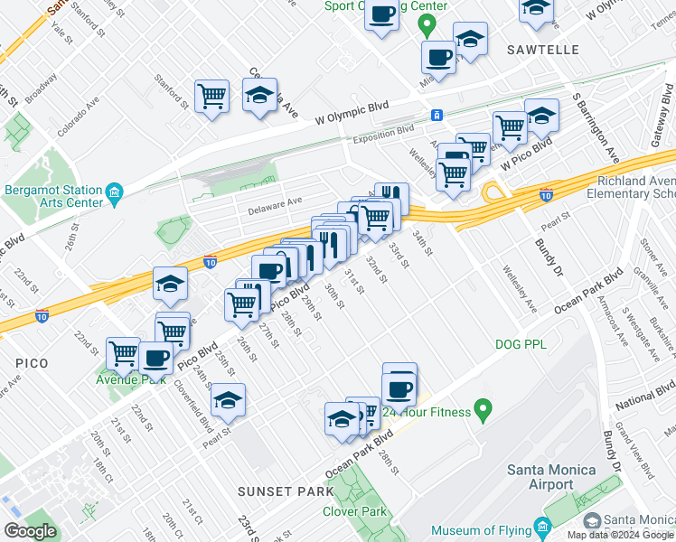 map of restaurants, bars, coffee shops, grocery stores, and more near 3019 Pico Boulevard in Santa Monica