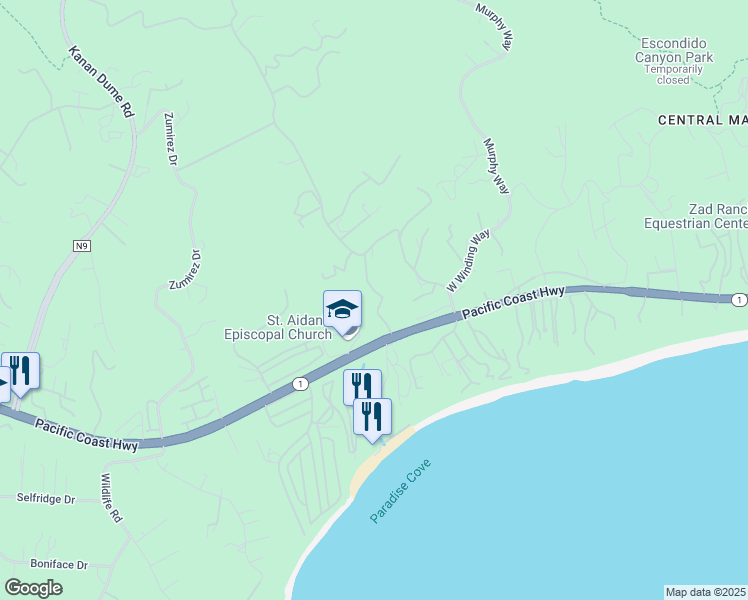 map of restaurants, bars, coffee shops, grocery stores, and more near 6319 Ramirez Canyon Road in Malibu