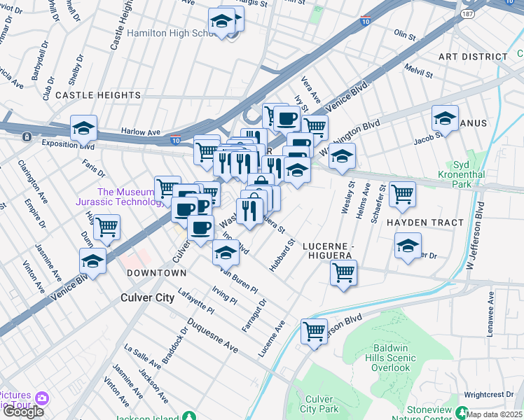map of restaurants, bars, coffee shops, grocery stores, and more near 3824 Willat Avenue in Culver City