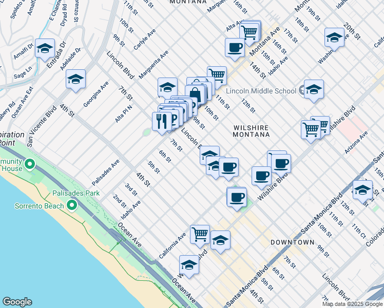 map of restaurants, bars, coffee shops, grocery stores, and more near in Santa Monica