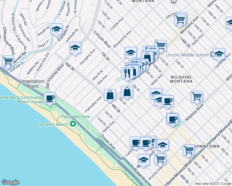 map of restaurants, bars, coffee shops, grocery stores, and more near 435 Montana Avenue in Santa Monica