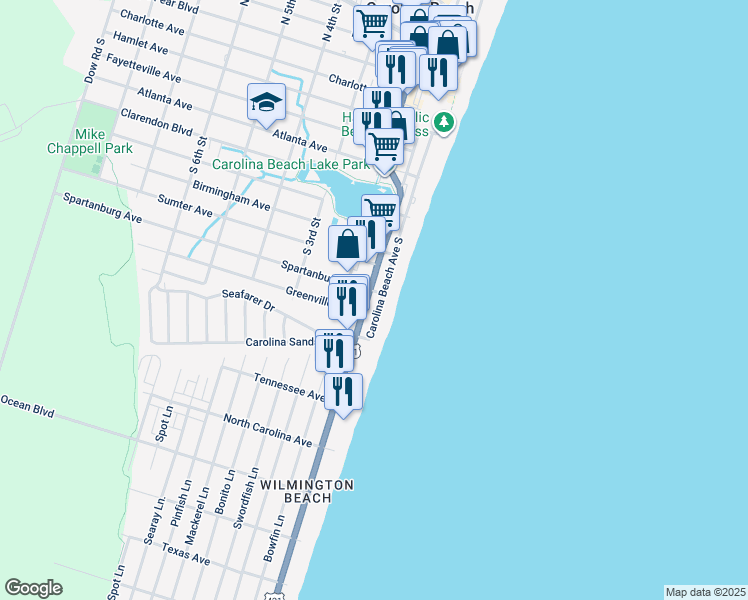 map of restaurants, bars, coffee shops, grocery stores, and more near 901 Lake Park Boulevard South in Carolina Beach