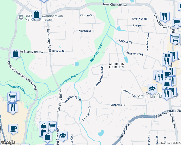 map of restaurants, bars, coffee shops, grocery stores, and more near 332 Rockmoor Trail Northeast in Marietta