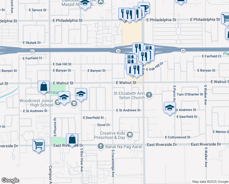 map of restaurants, bars, coffee shops, grocery stores, and more near 2631 South Cucamonga Avenue in Ontario