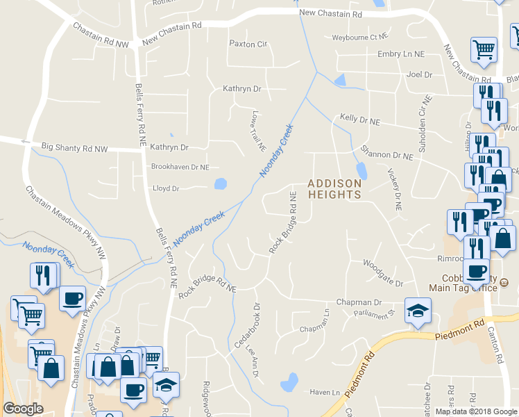 map of restaurants, bars, coffee shops, grocery stores, and more near 336 Rockmoor Trail Northeast in Marietta