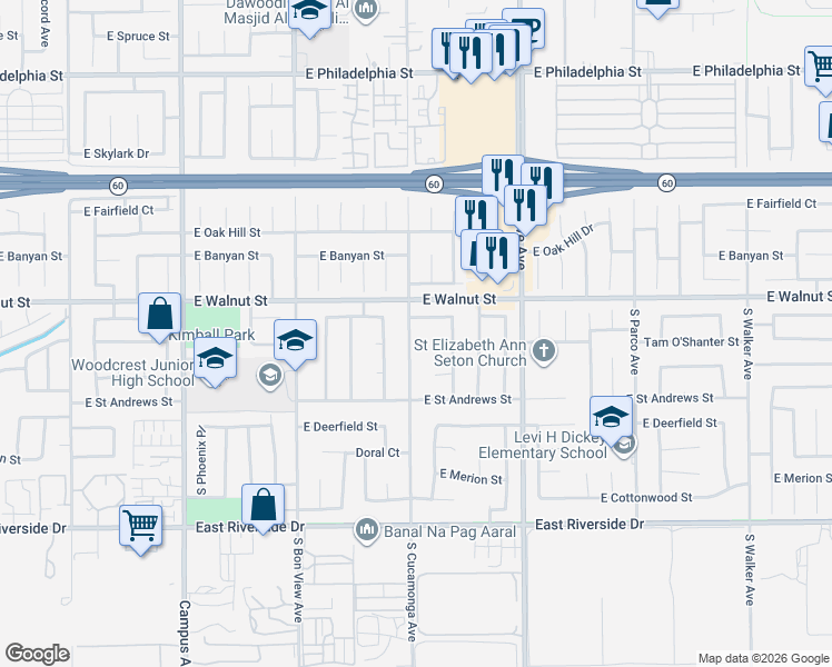 map of restaurants, bars, coffee shops, grocery stores, and more near 2631 South Cucamonga Avenue in Ontario