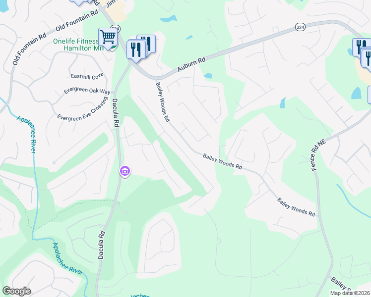 map of restaurants, bars, coffee shops, grocery stores, and more near 910 Harbins View Drive in Dacula