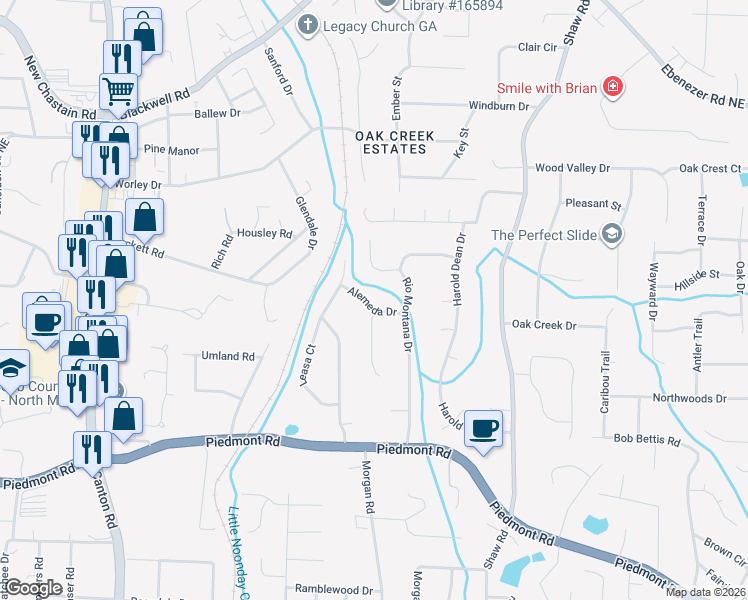 map of restaurants, bars, coffee shops, grocery stores, and more near 3113 Montana Way Northeast in Marietta