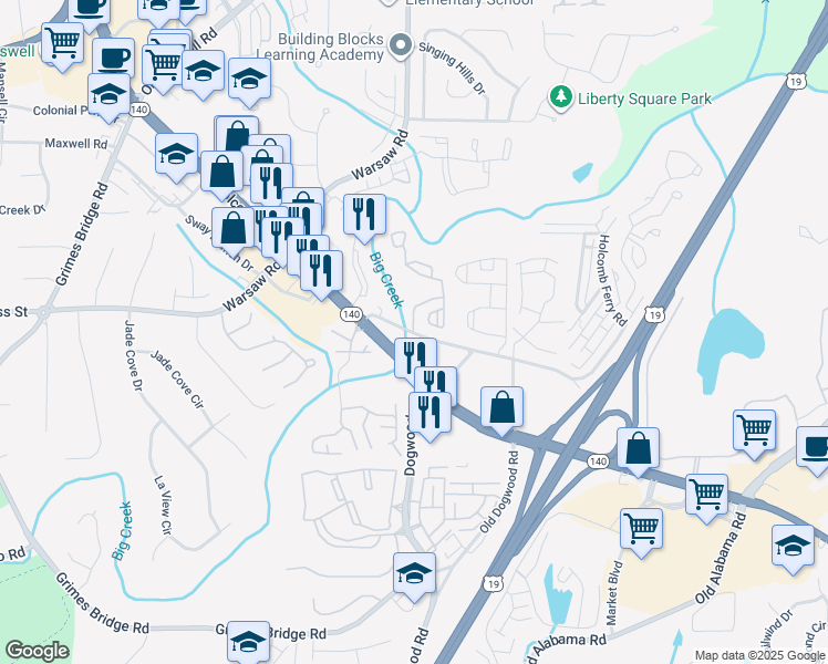 map of restaurants, bars, coffee shops, grocery stores, and more near 100 Creekside Way in Roswell