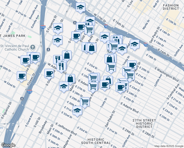 map of restaurants, bars, coffee shops, grocery stores, and more near 212 East 24th Street in Los Angeles