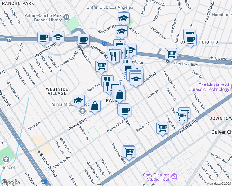 map of restaurants, bars, coffee shops, grocery stores, and more near 3439 Keystone Avenue in Los Angeles