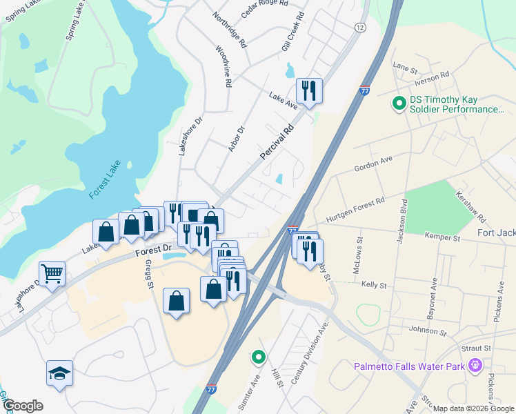 map of restaurants, bars, coffee shops, grocery stores, and more near 5743 Brackenridge Road in Columbia